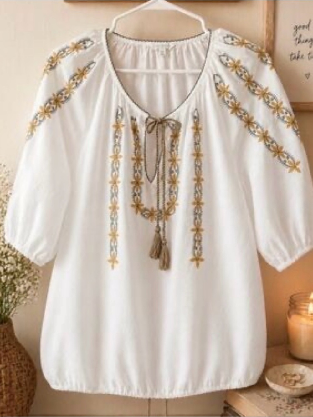 3X Lucky Brand Boho Cotton Tasseled Eyelet Embroidery Plus Size Top Blouse Cream